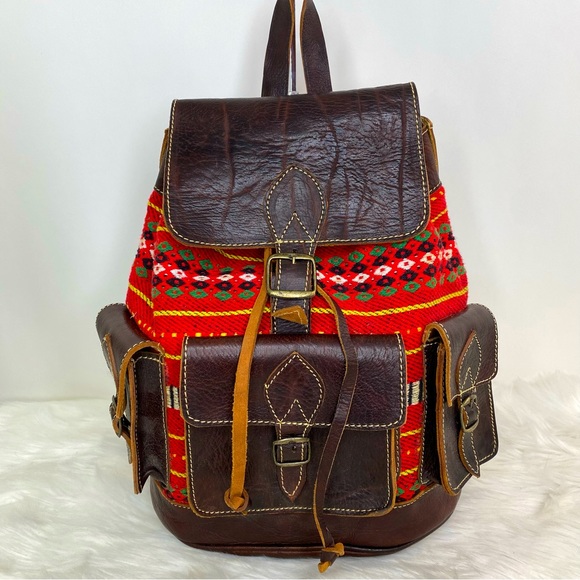 Hand Crafted Handbags - Handmade Moroccan Large Leather Kilim Carpet Unisex Backpack
